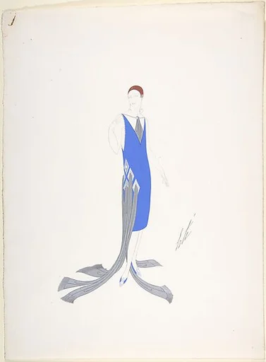 Design for Blue Dress with Beaded Patches at Hip and Trailing Silver Sashes for "Manhattan Mary, " Majestic Theater, New York