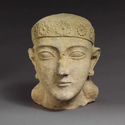 Limestone head of a beardless male with a diadem