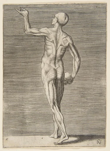 Man seen from the Back, holding a Skull in his right Hand