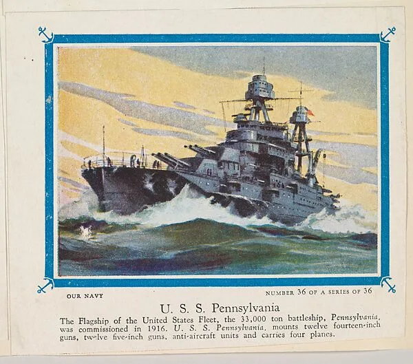 No. 36, U. S. S. Pennsylvania, collector card from the Our Navy series (D62), issued by the Kelley Baking Company — Kelley Baking Company