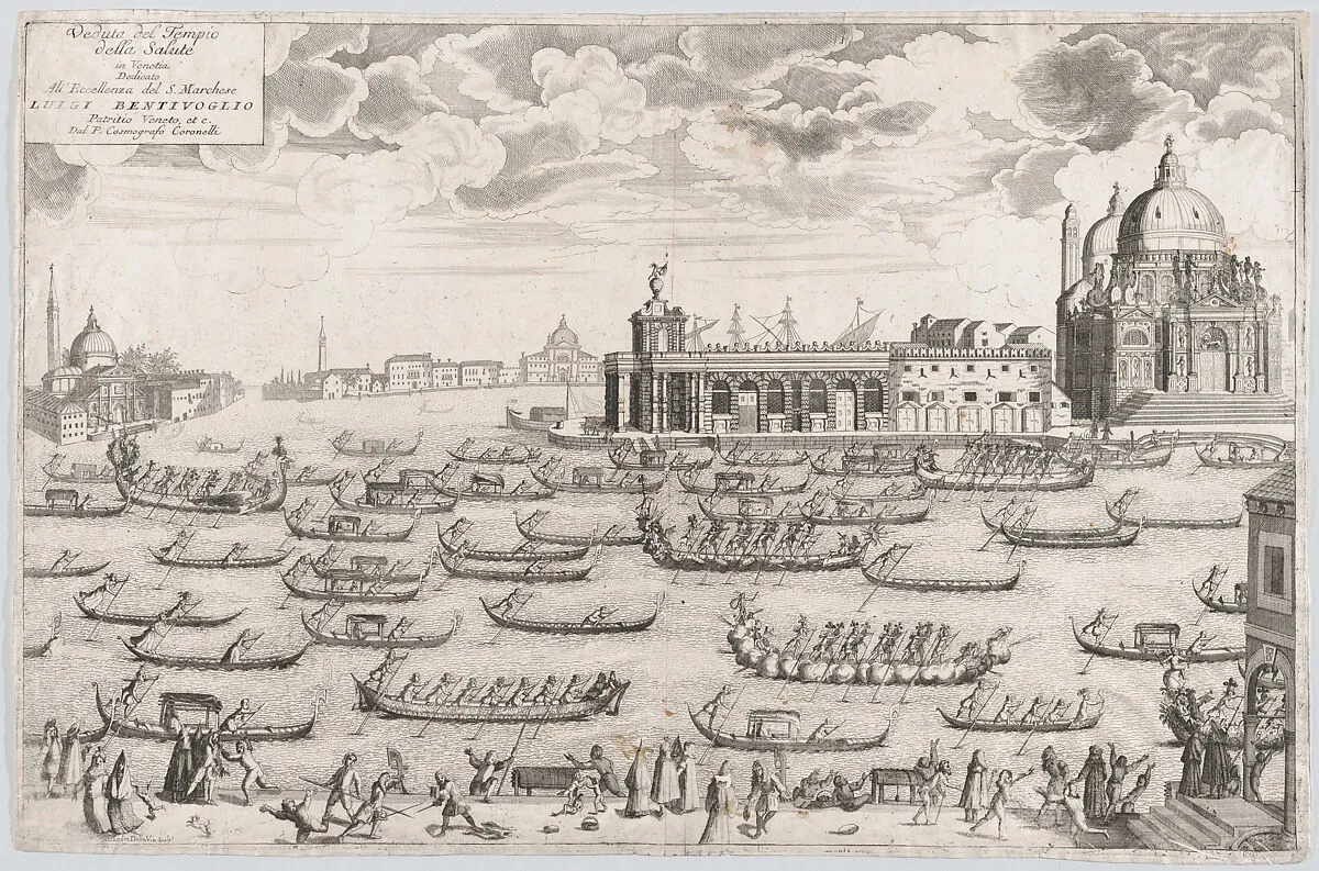 View of the church of Santa Maria della Salute in Venice, a regatta taking place on the canal — Gasparo Vecchia|Alessandro della Via