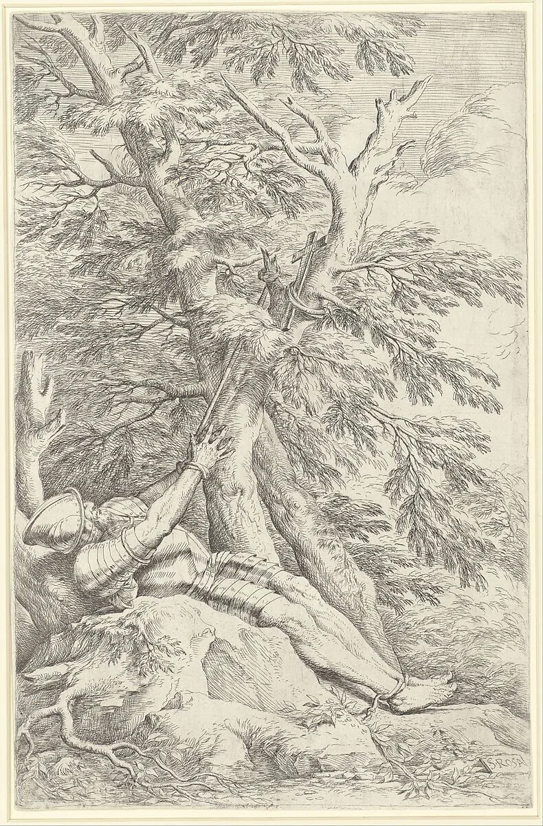Saint William of Maleval, hands tied with rope fastened to a tree — Salvator Rosa