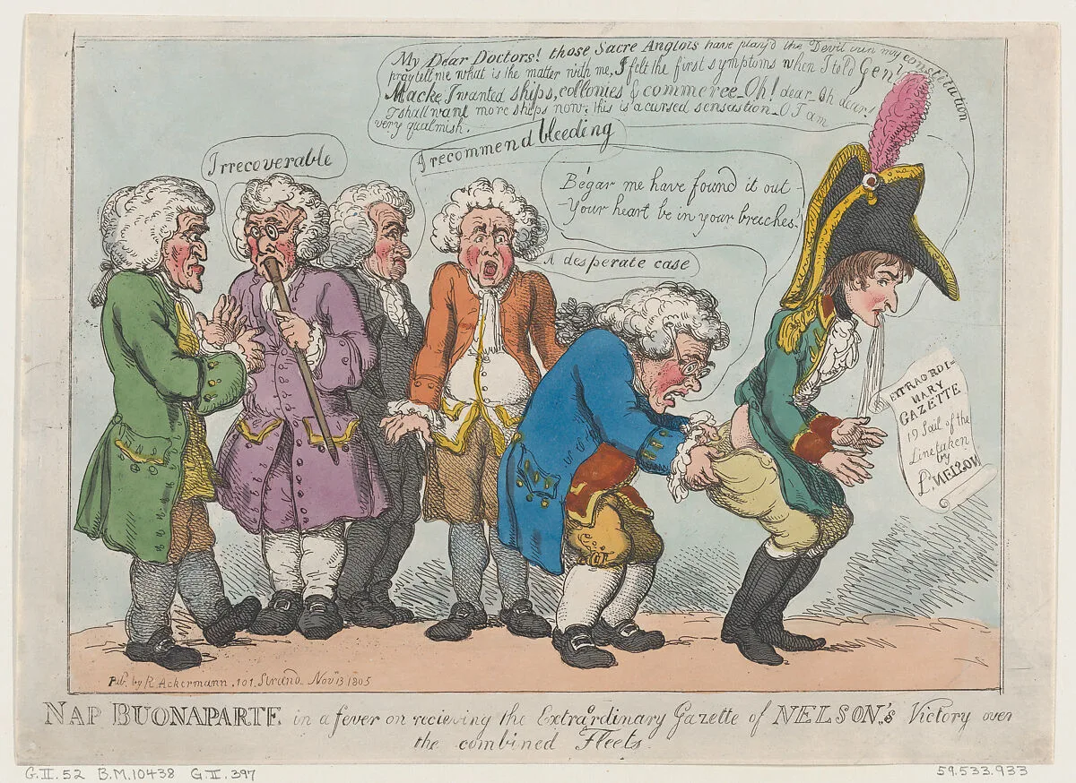 Nap Buonaparte in a Fever on Receiving the Extraordinary Gazette of Nelson's Victory Over the Combined Fleets — Thomas Rowlandson|Rudolph Ackermann, London