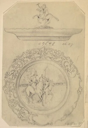 Design for a Covered Silver Dish with Polo Player Ornament