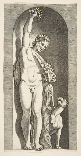 A faun standing in a niche holding aloft a bunch of grapes with his right hand and fruit with his left hand, a dog lower right