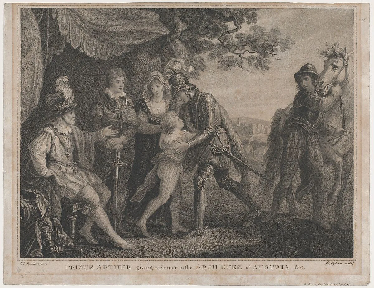 Prince Arthur Giving Welcome to the Archduke of Austria, etc. (Shakespeare, King John, Act 2, Scene 1) — James Birchall|William Hamilton|John Ogborne|William Shakespeare