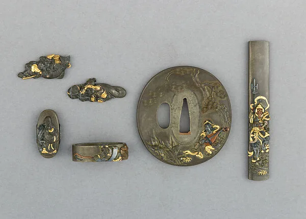 Knife Handle (Kozuka), Pair of Grip Ornaments (Menuki), Sword Guard (Tsuba) and Sword-Hilt Washer and Pommel (Fuchigashira) — Unknown