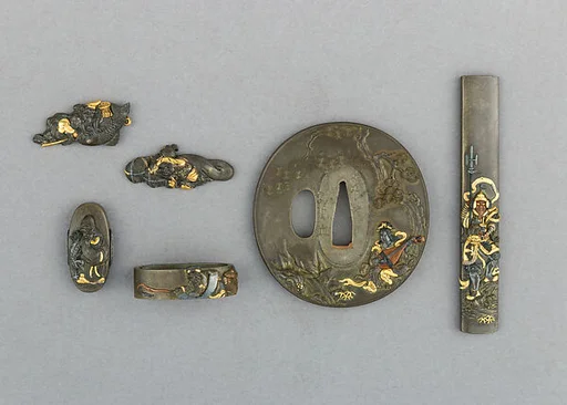 Knife Handle (Kozuka), Pair of Grip Ornaments (Menuki), Sword Guard (Tsuba) and Sword-Hilt Washer and Pommel (Fuchigashira)
