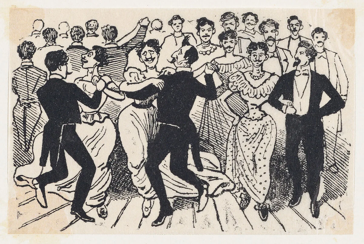 A dance with men in dresses paired with men in suits from a broadside entitled 'Los 41 maricones encontrados en un baile de la Calle de la Paz el 20 de Noviembre de 1901' — José Guadalupe Posada