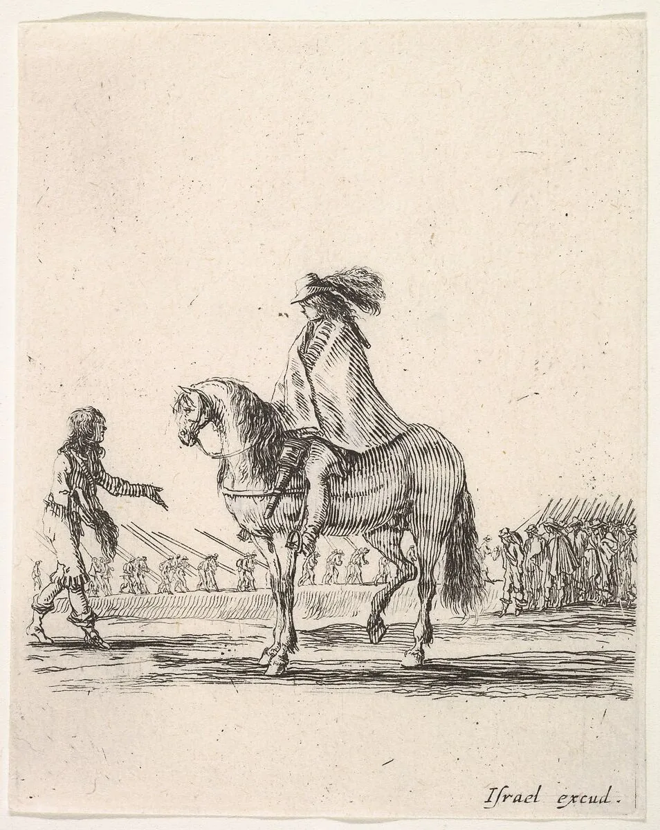 Horseman in center facing left speaking to a man on foot, infantry troops in a line in the background, from 'Various cavalry exercises' (Diverses exercices de cavalerie) — Stefano della Bella|Israël Henriet