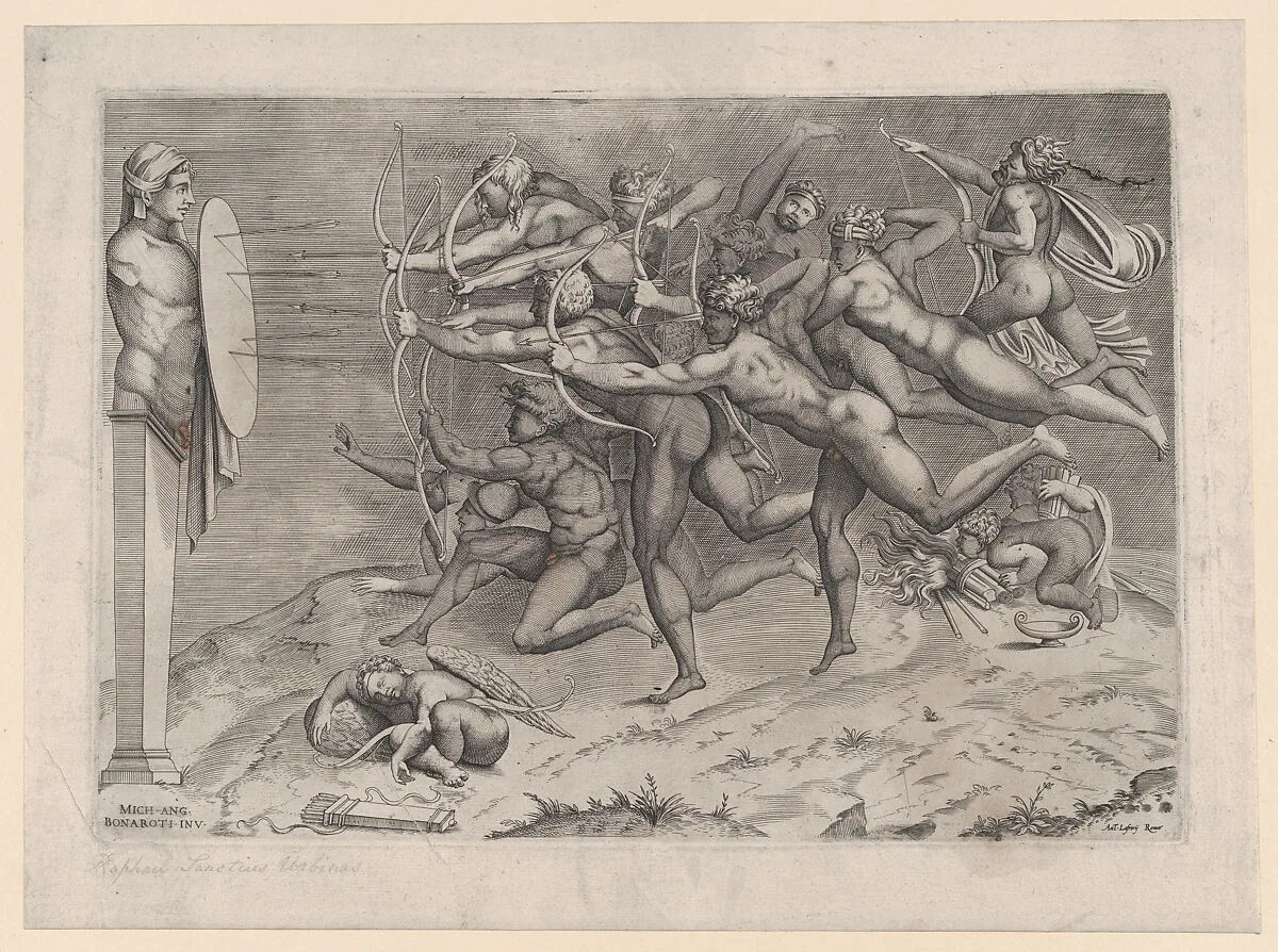 Naked archers shooting at a target attached to a herm, Cupid sleeping below, possibly an allegory related to vice — Michelangelo Buonarroti|Antonio Lafreri|Nicolas Beatrizet
