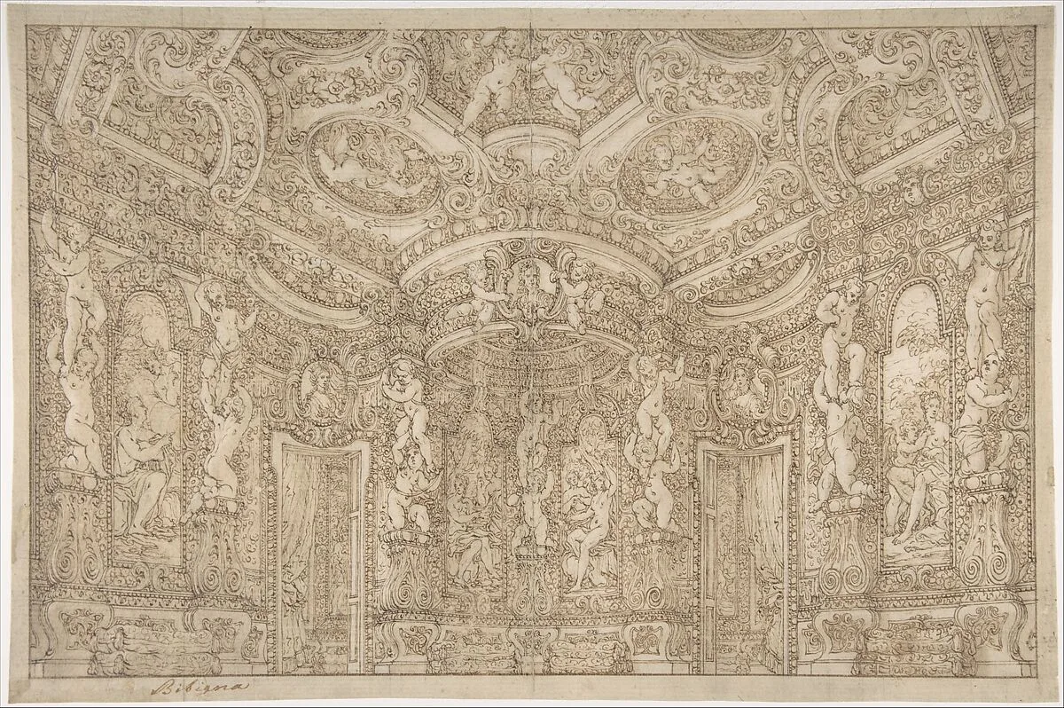 Design for a Stage Set of a Palace Interior Decorated with Putti, Garlands and Three Portrait Medallions — Ferdinando Galli Bibiena