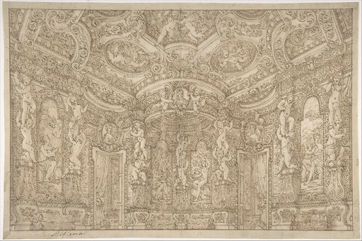 Design for a Stage Set of a Palace Interior Decorated with Putti, Garlands and Three Portrait Medallions