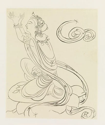 現代 謝稚柳 敦煌人物臨本 鏡片|Kneeling Attendant