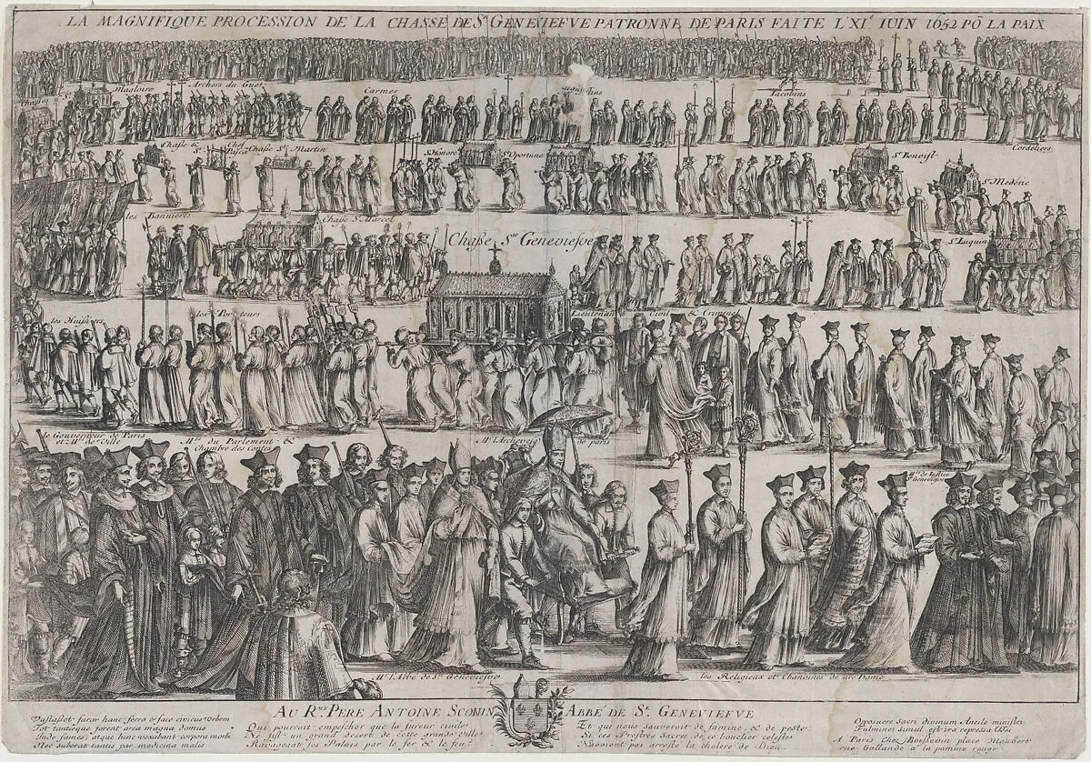 The procession of the casket of St. Genevieve, with clerics and laymen marching in six rows; in the foreground the Archbishop of Paris is carried in a chair, the Chasse in the row above him, and the monks of the monasteries of Paris lead the procession at top — Louis Boissevin|Nicolas Cochin