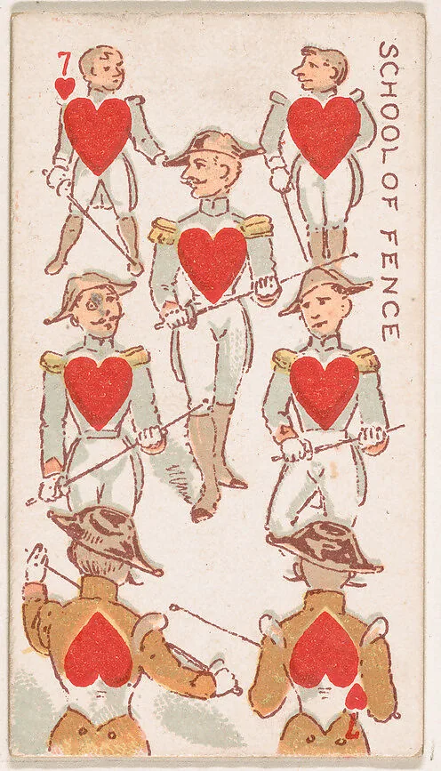 Seven of Hearts, School of Fence, from Harlequin Cards, 2nd Series (N220) issued by Kinney Bros. — Kinney Brothers Tobacco Company