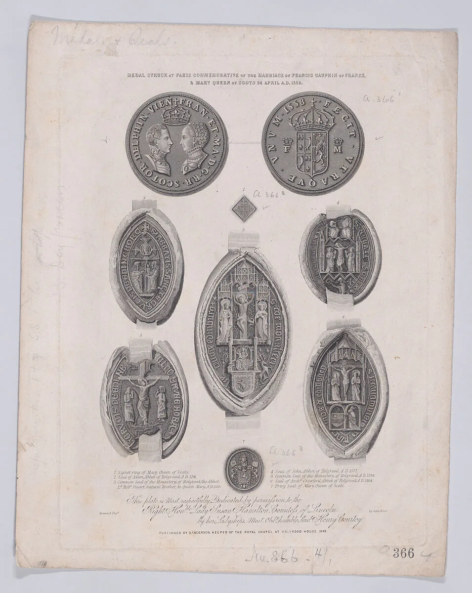 Medal commemorating the marriage of Mary, Queen of Scots to the Dauphin Francis of France, with seals and signet rings relating to Queen Mary below (from "A Souvenir of the Abbey and Palace of Holyrood") — Mary, Queen of Scots|Duncan Anderson|John West