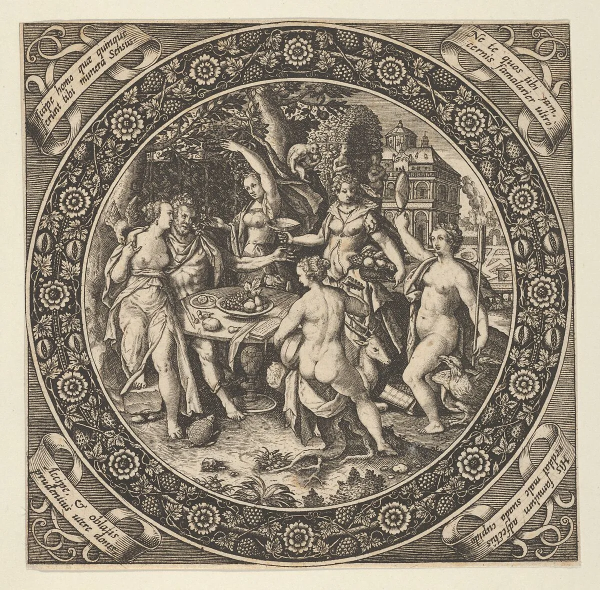 Scene with a Feast of Love in a Circle at Center — Theodor de Bry