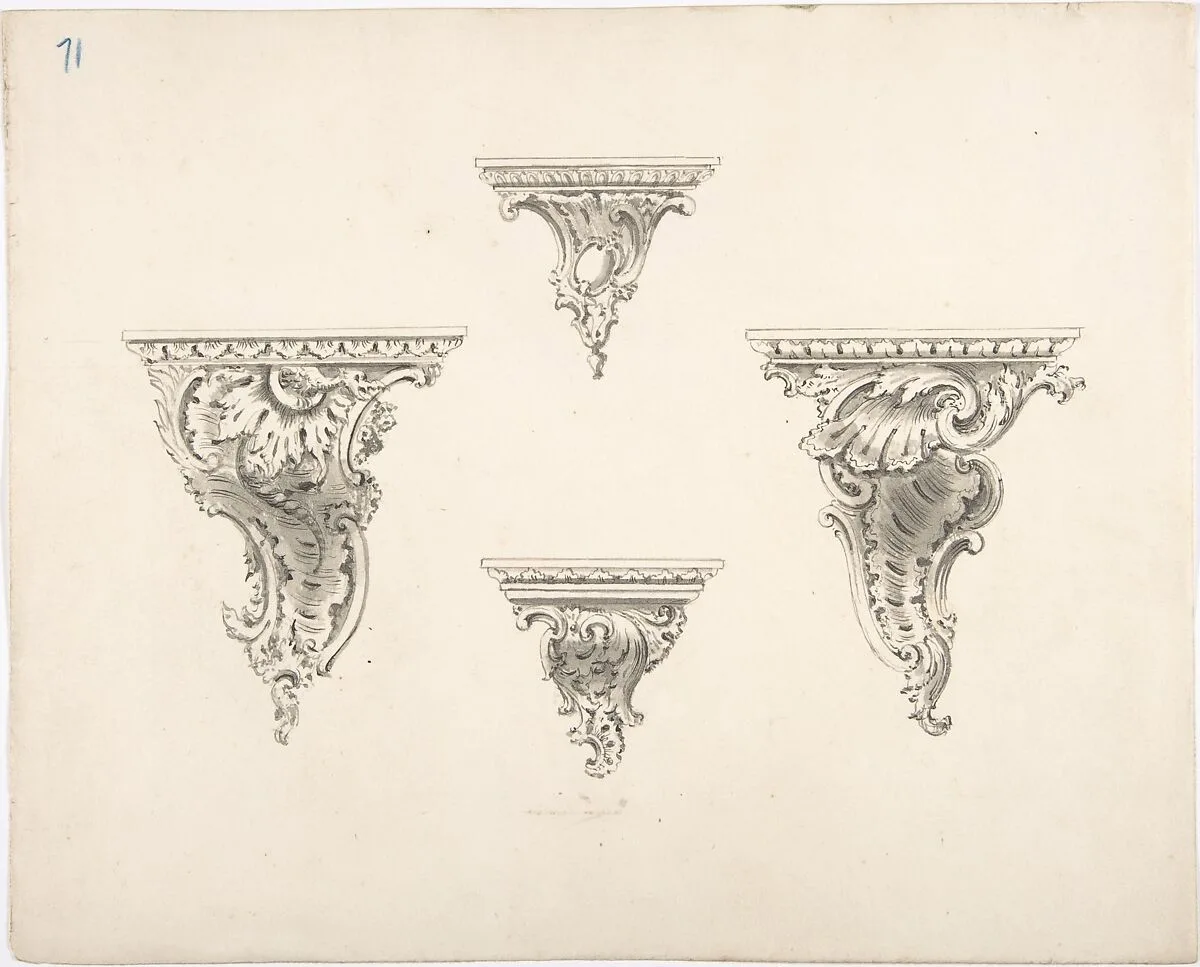 Design for Four Brackets with Foliate and Rocaille Ornament — Anonymous, British, 19th century