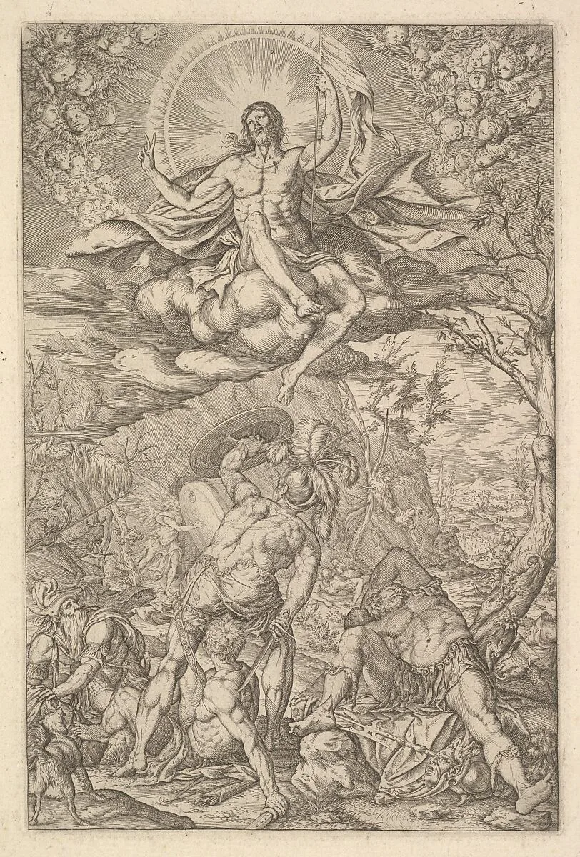 Resurrection of Christ, encompassed by an aureole and clouds with lines of winged putti to either side, a sleeping soldier and arising soldiers below — Melchior Meier