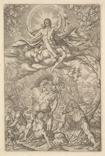 Resurrection of Christ, encompassed by an aureole and clouds with lines of winged putti to either side, a sleeping soldier and arising soldiers below