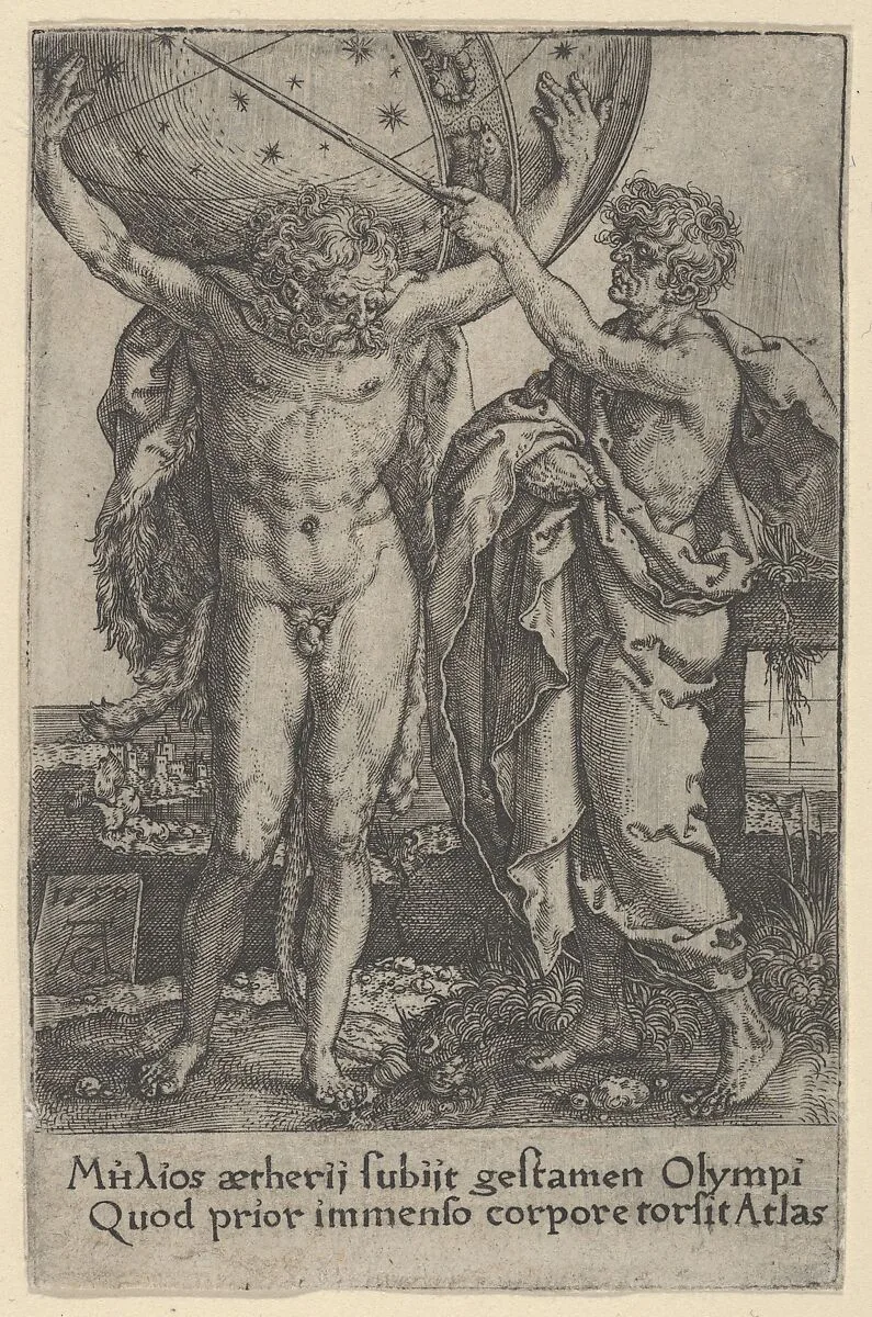 Hercules and Atlas, from The Labors of Hercules — Heinrich Aldegrever