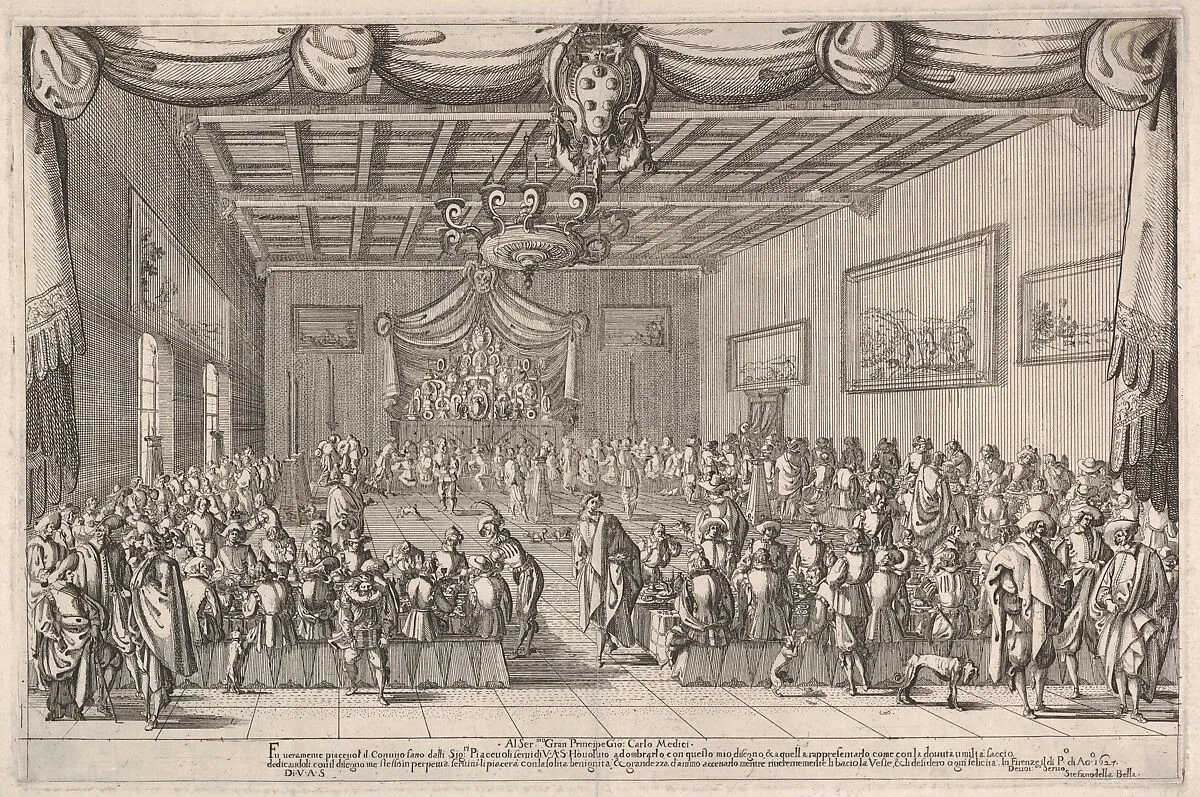 Banquet of the Piacevoli, various men are seated at long tables around the perimeter of a large room, a man seated to the right giving a dog table scraps, curtains are draped around the image, Medici coat of arms at top center — Stefano della Bella