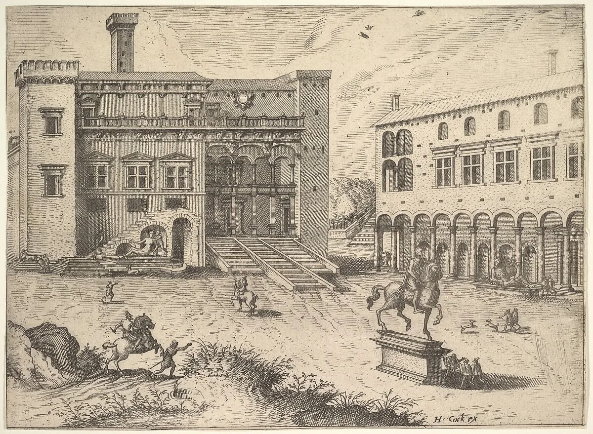 View of the Campidoglio on the Capitoline Hill, with equestrian statue at lower right, from the series 'The Small book of Roman ruins and buildings' (Operum antiquorum romanorum) — Hieronymus Cock|Johannes van Doetecum I|Lucas van Doetecum|Hieronymus Cock