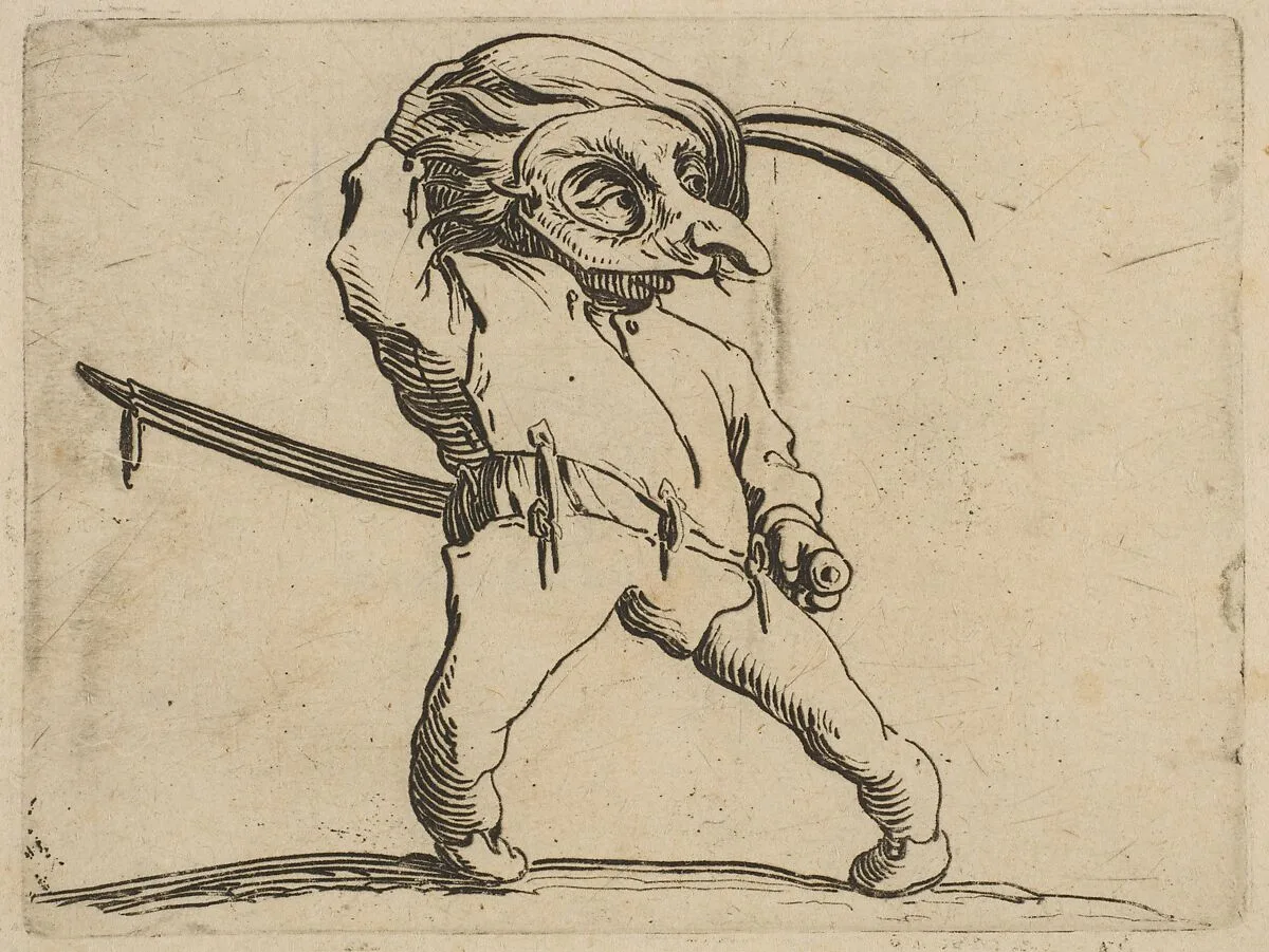 L'Homme Masqué aux Jambes Torses (The Masked Man with Crooked Legs), from Varie Figure Gobbi, suite appelée aussi Les Bossus, Les Pygmées, Les Nains Grotesques (Various Hunchbacked Figures, The Hunchbacks, The Pygmes, The Grotesque Dwarfs) — Jacques Callot