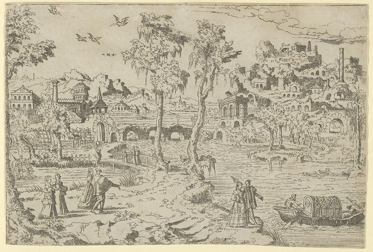 Landscape with ruins, courtiers, and a gondola — Léon Davent