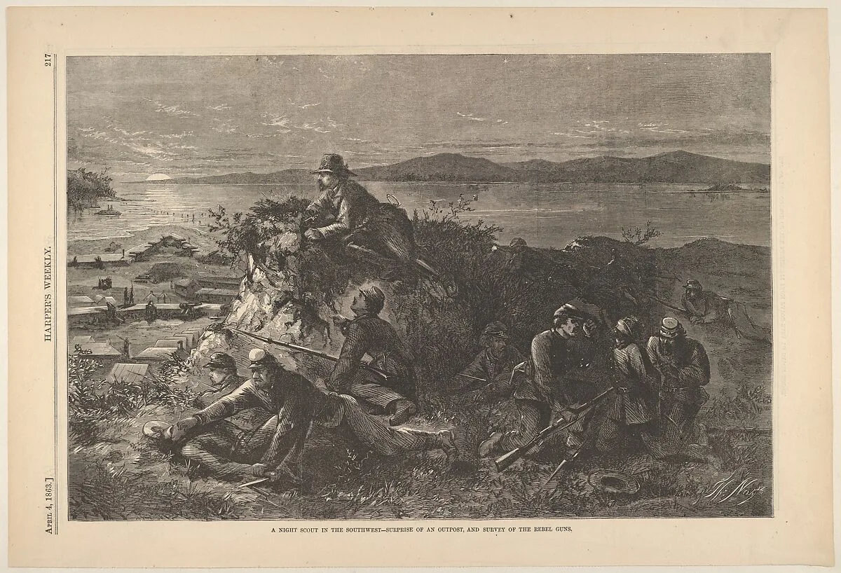 A Night Scout in the Southwest – Surprise of an Outpost, and Survey of the Rebel Guns (from "Harper's Weekly") — Thomas Nast|Harper's Weekly