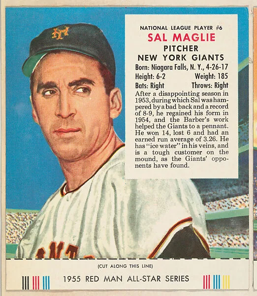 Sal Maglie, from the Major League Baseball series (T235), issued by Red Man Chewing Tobacco — Red Man Chewing Tobacco