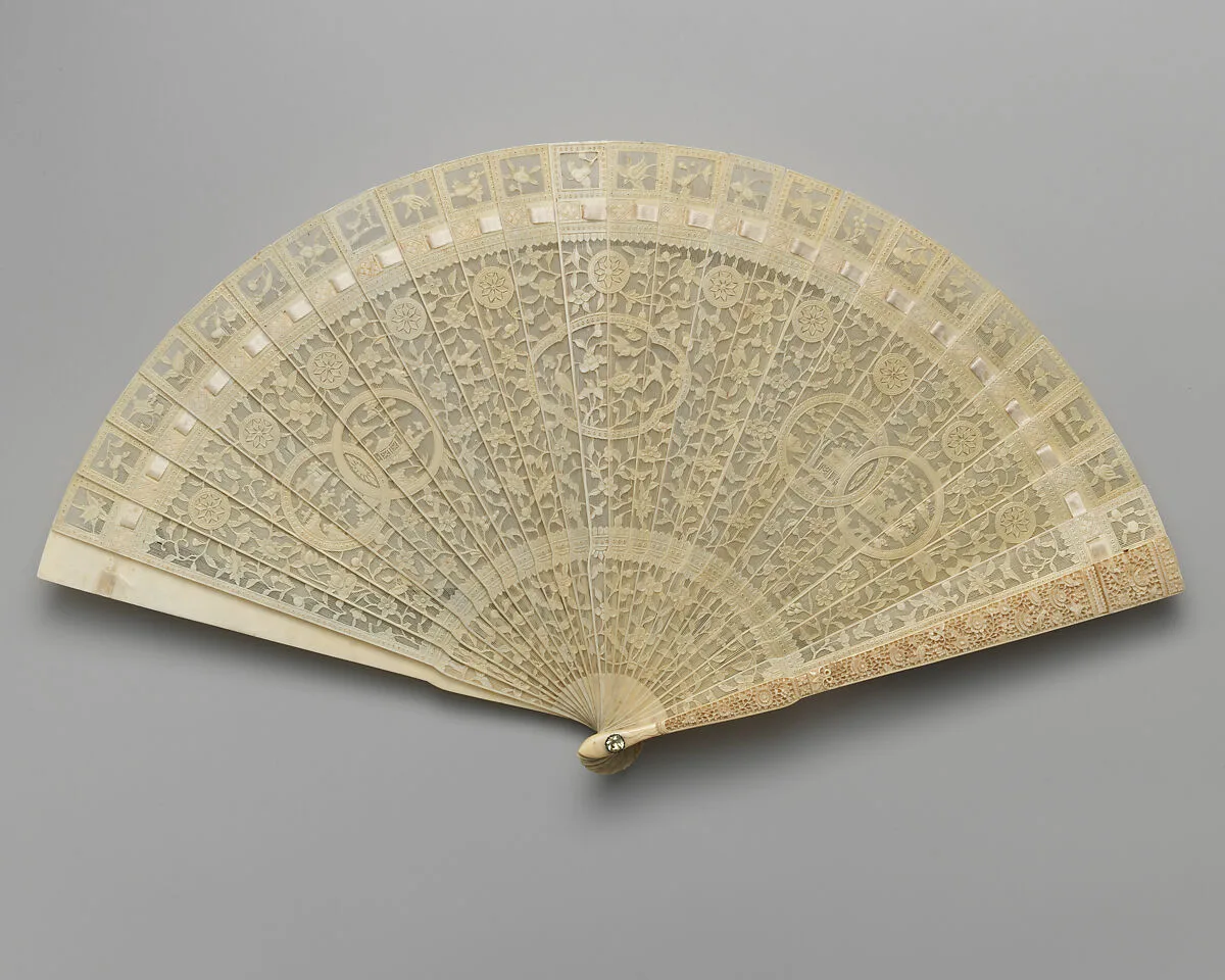Brisé Fan, with Representations of Pavilions and Cranes, Surrounded by Flowers — Unknown