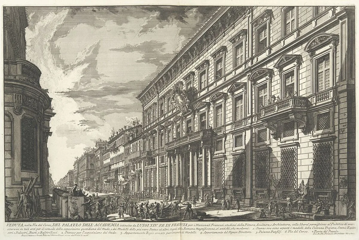 View along the Via del Corso of the Palazzo dell'Accademia, established by Louis XIV, King of France for French students of Painting, Sculpture and Architecture..., from "Vedute di Roma" (Views of Rome), part I — Giovanni Battista Piranesi