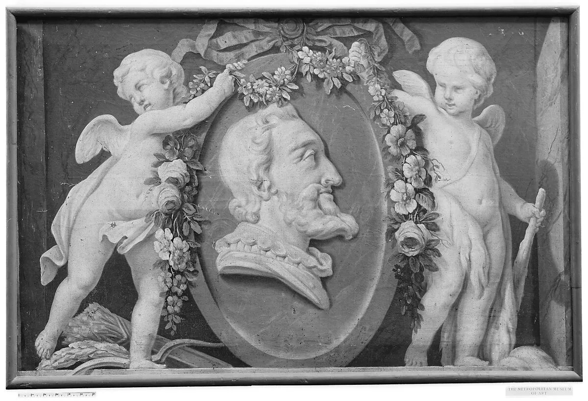 Bust of Henri IV in oval medallion with blue ground supported by two cupids — French Painter