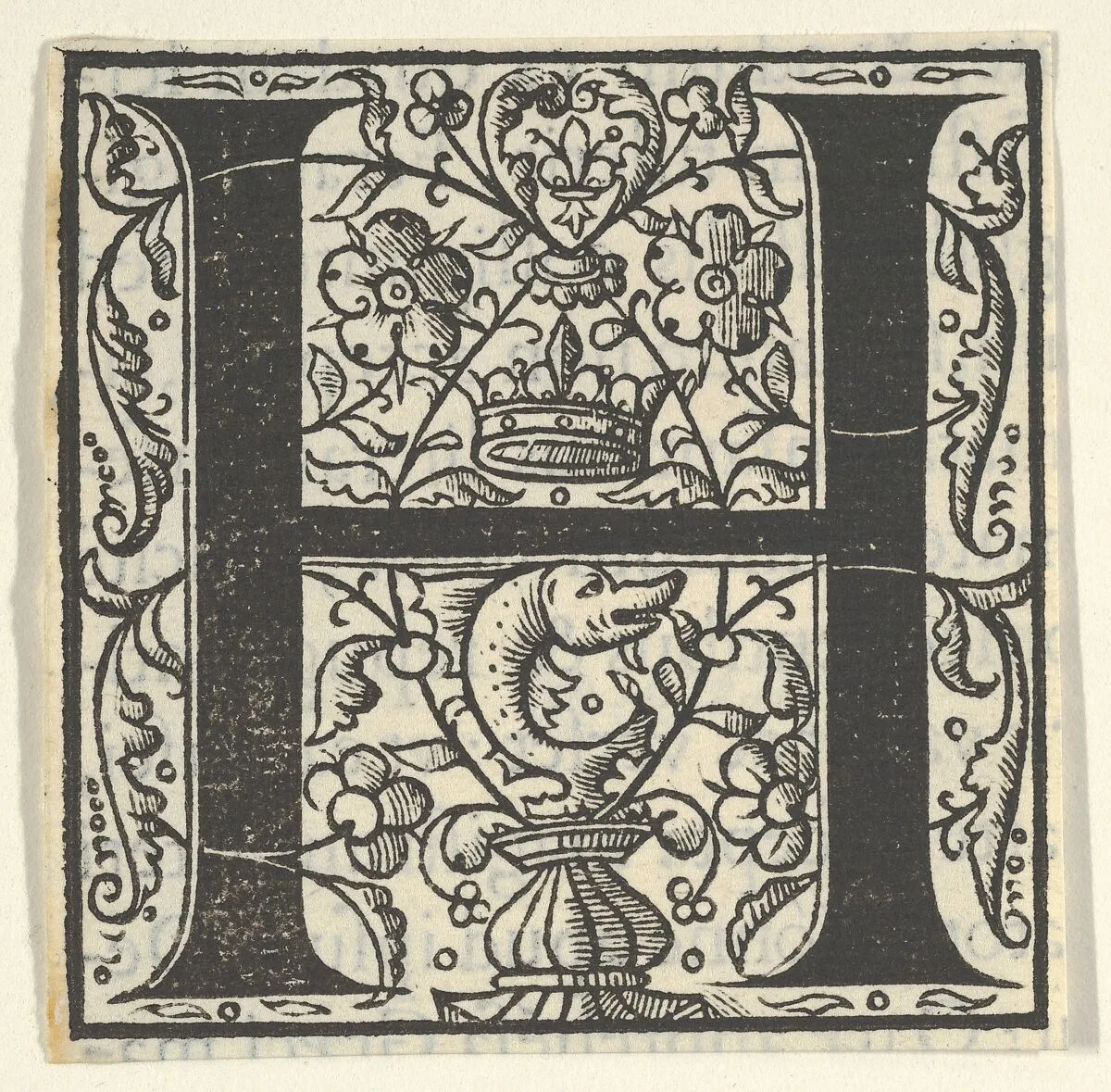 Initial letter H with dolphin and crown (related to King Francis I) — Unknown