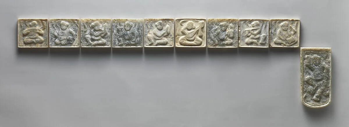 唐 胡人樂舞紋玉帶板(十件)|Set of decorative belt plaques — Unknown