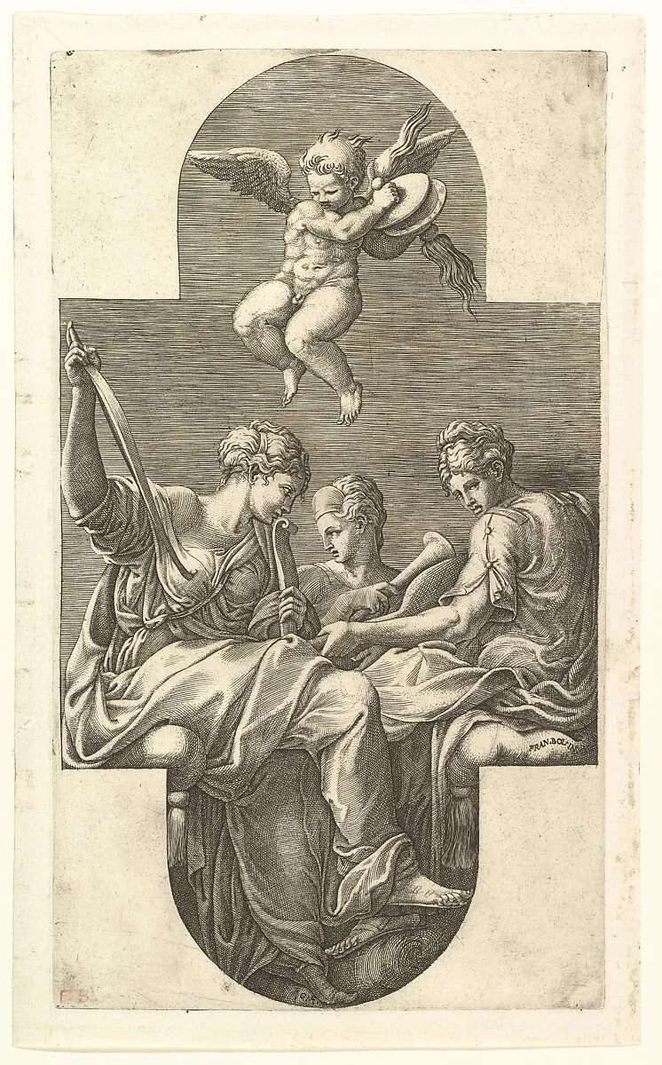 Three Muses and a Putto with Cymbals, a cruciform composition, from a series of eight compositions after Francesco Primaticcio's designs for the ceiling of the Gallery of Ulysses (destroyed 1738-39) at Fontainebleau — Giorgio Ghisi|Francesco Primaticcio