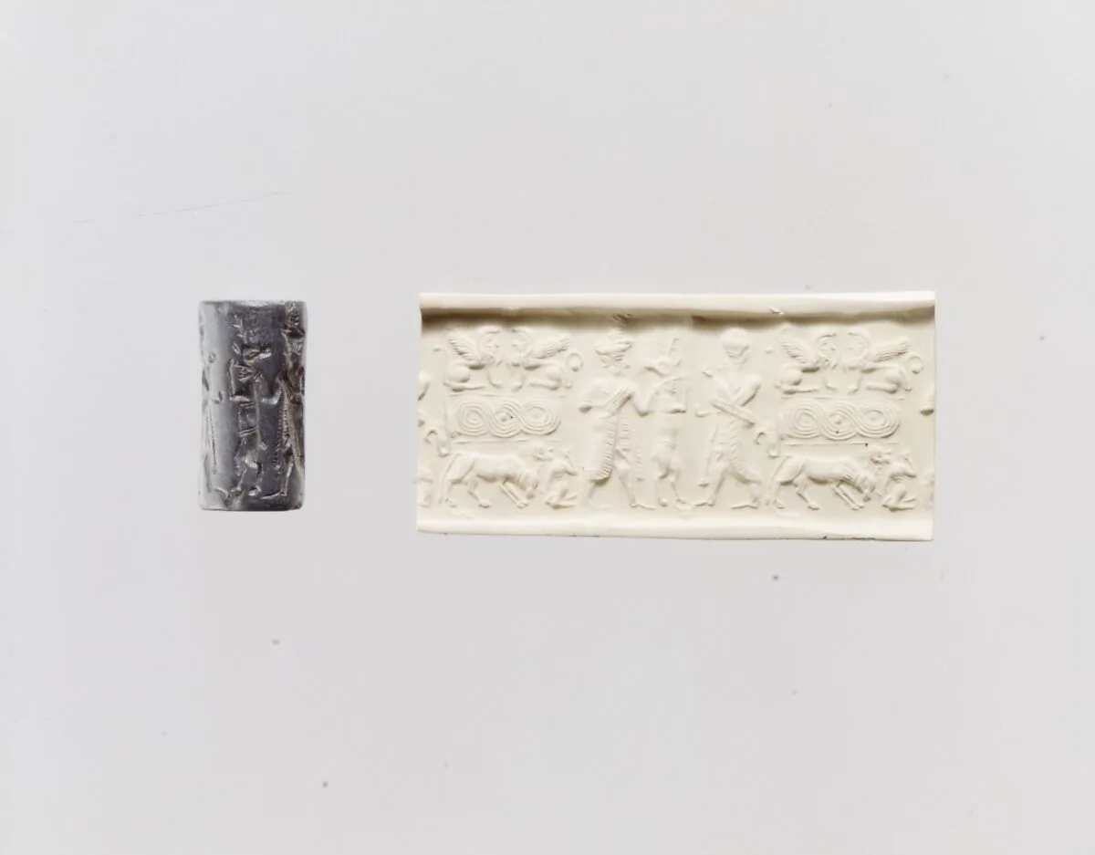 Cylinder seal and modern impression: deity, goat, and worshiper; terminal; sphinxes, guilloche, bull and leaper (?) — Unknown