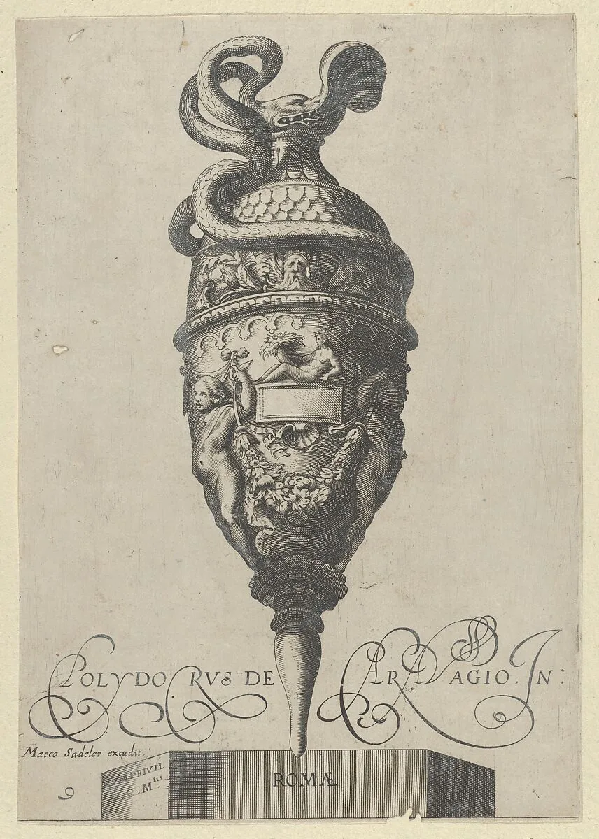 Plate 9: Vase or Ewer with a Serpent Handle and Two Putti holding up a Garland, from Antique Vases (‘Vasa a Polydoro Caravagino’) — Cherubino Alberti (Zaccaria Mattia)|Polidoro da Caravaggio|Aegidius Sadeler II|Marcus Sadeler