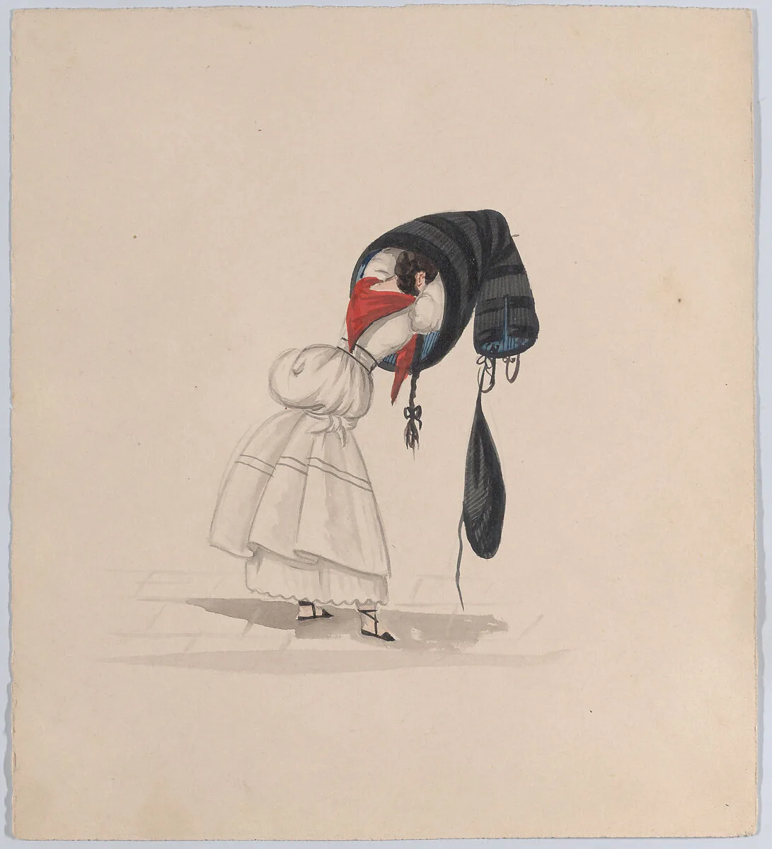 A woman putting on her saya, viewed from behind, from a group of drawings depicting Peruvian dress — Francisco (Pancho) Fierro