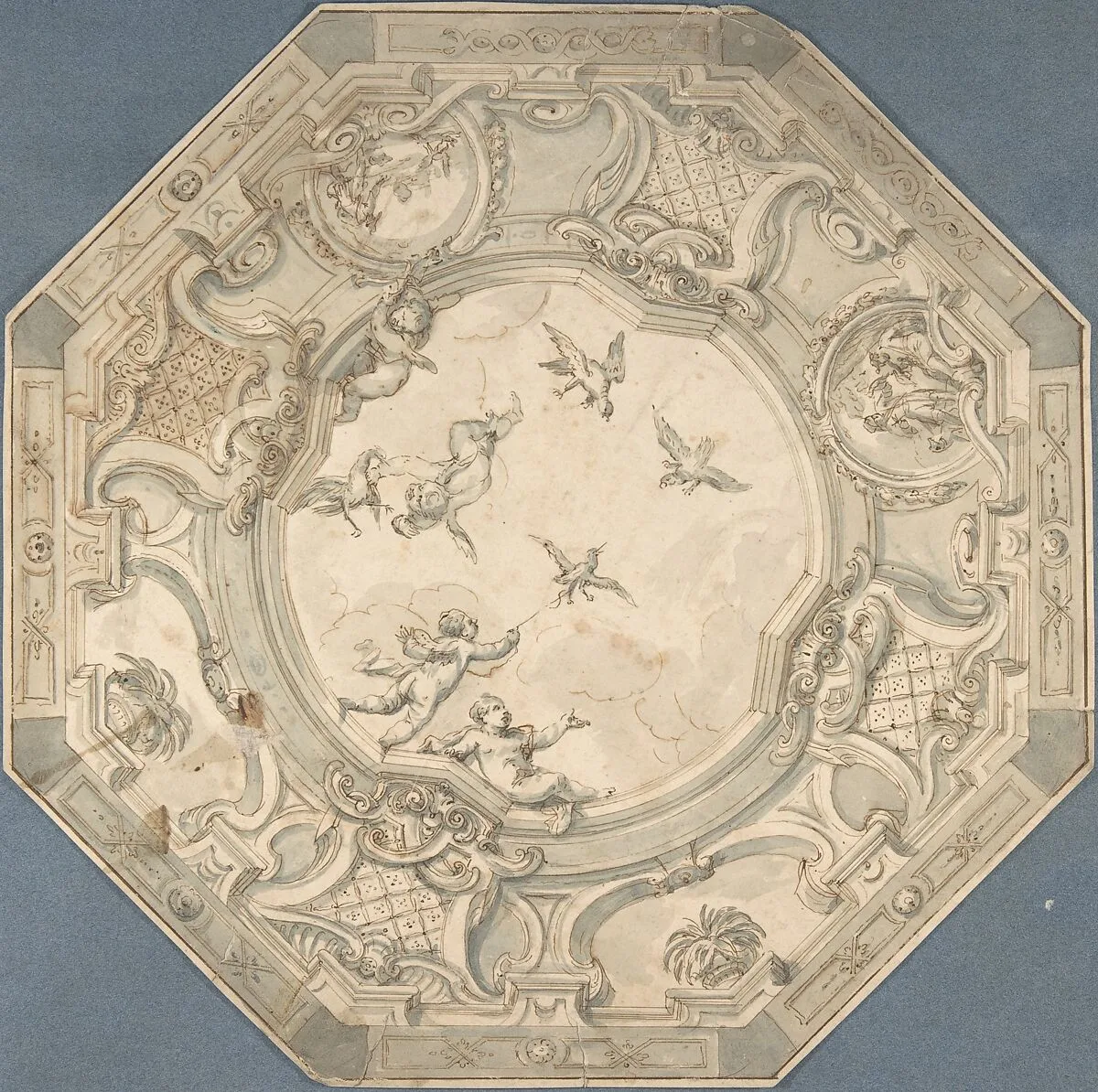 Octagonal Ceiling Design with Putti and Birds — Anonymous, Dutch, 18th century