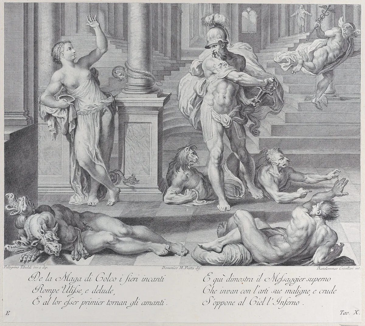 Plate 10: Ulysses compelling Circe to restore his companions' human shapes, which she had changed into monsters — Giampietro Zanotti|Domenico Maria Fratta|Bartolomeo Crivellari|Pellegrino Tibaldi