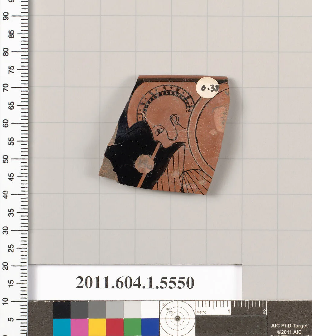 Terracotta rim fragment of a kylix (drinking cup) — Nikosthenes Painter