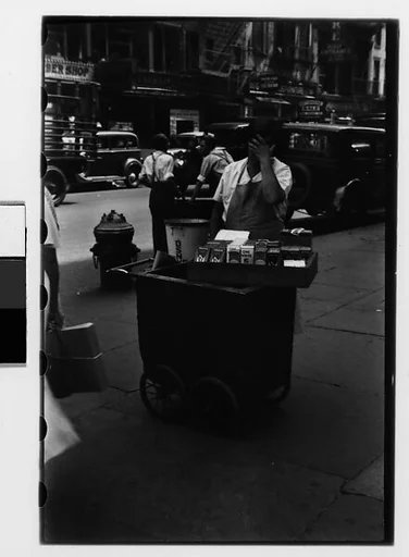 [Two 35mm Film Frames: Housegoods Vendor and Cart on Fourteenth Street, New York City]