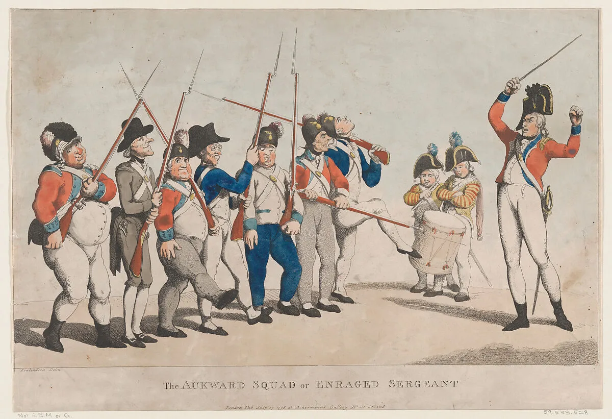 The Awkward Squad or Enraged Sergeant — Thomas Rowlandson|S. W. Fores