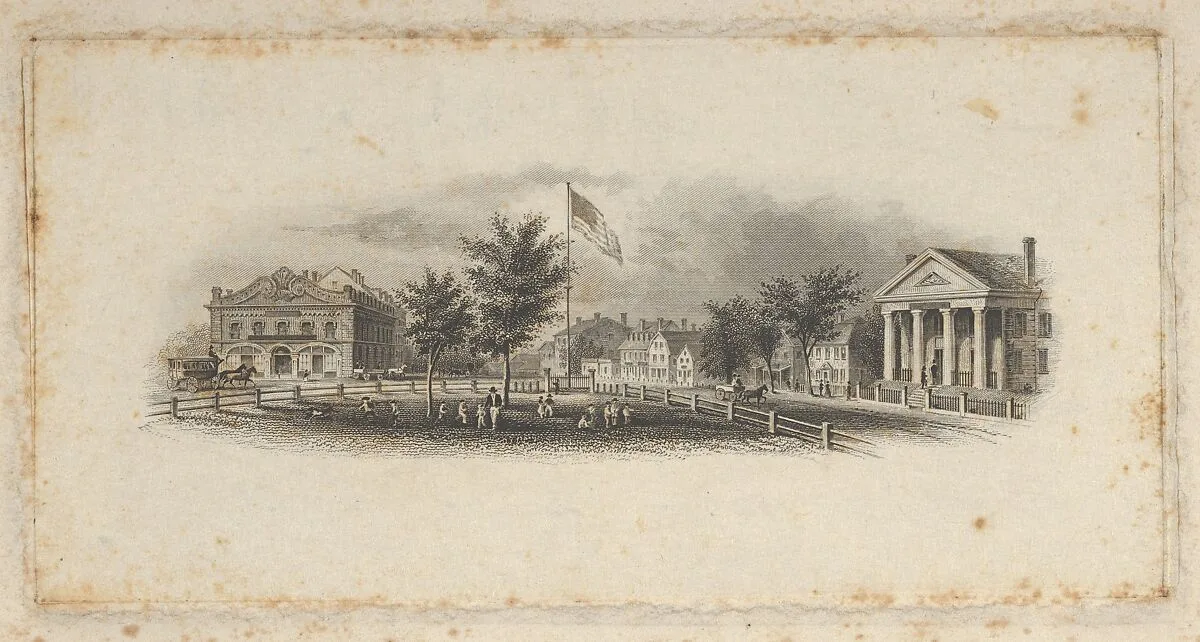 Banknote vignette showing city buildings around a fenced-in green with children playing around an American flag — Asher Brown Durand|A. B. & C. Durand & Company|Durand, Perkins, and Company