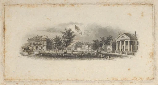 Banknote vignette showing city buildings around a fenced-in green with children playing around an American flag