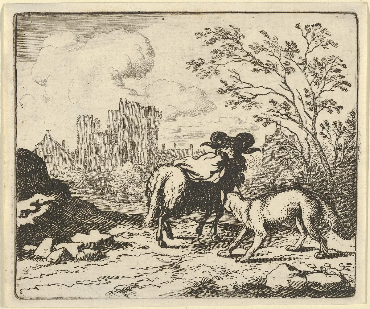 Renard Sends the Ram Back to the Lion with a Package Containing the Rabbit's Head from Hendrick van Alcmar's Renard The Fox — Allart van Everdingen