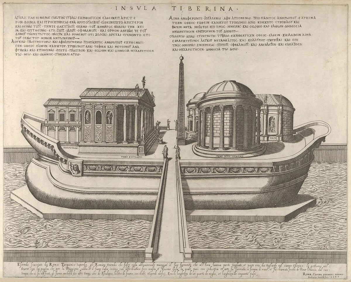 View of the Tiber Island represented as a ship, the Temple of Aesculapius at left — Giovanni Ambrogio Brambilla|Claudio Duchetti